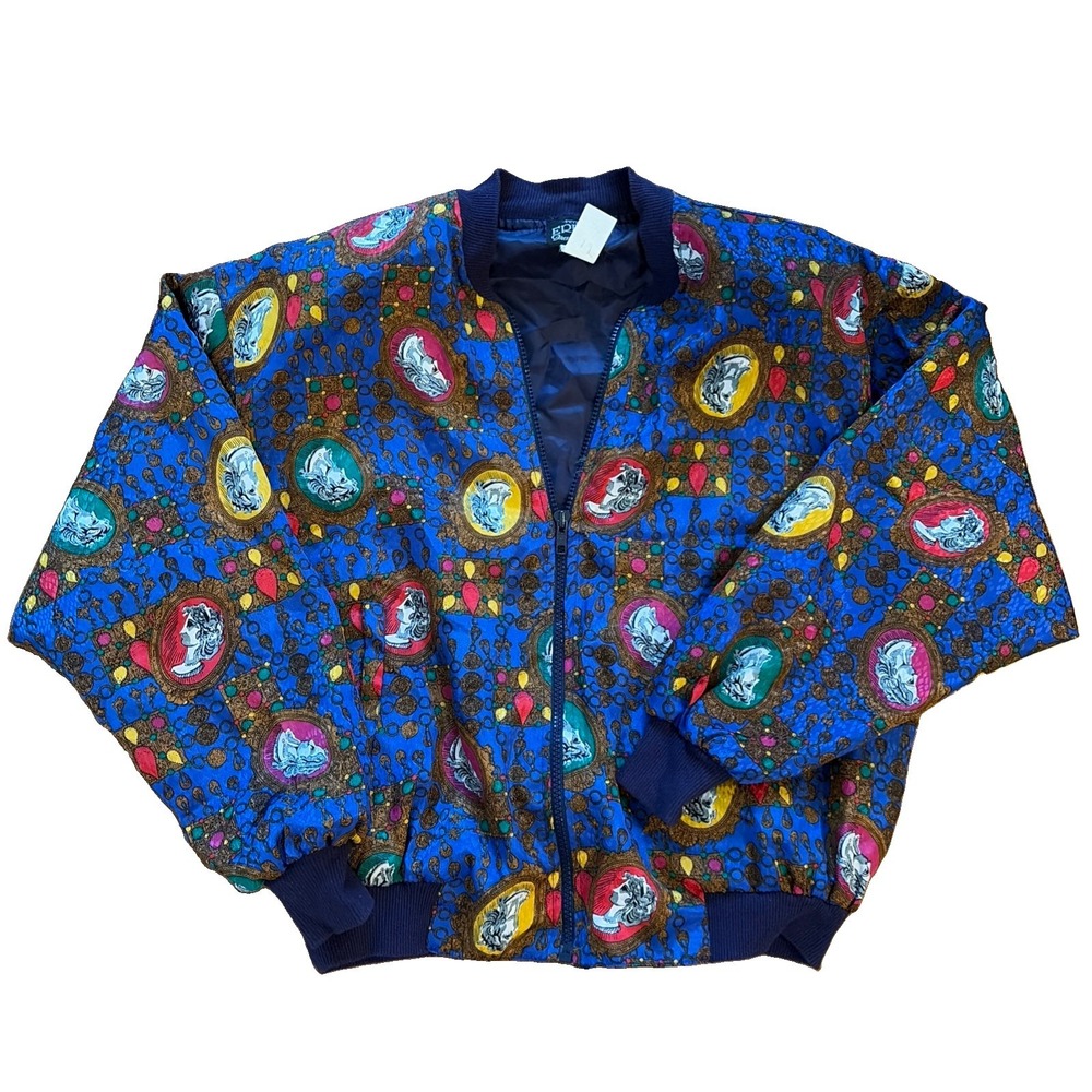 Vintage Erena By Irene Koeuig 80s Bomber Jacket Blue Cameo Petite S Maximalist